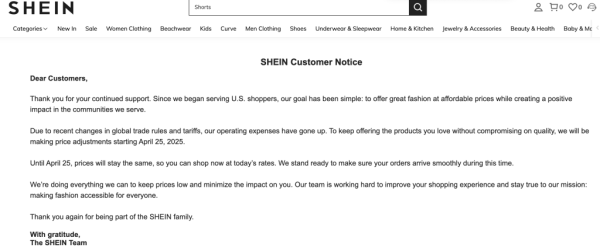 金猪配资 希音、Temu告知美国消费者4月25日起涨价：关税变化导致运营成本上升